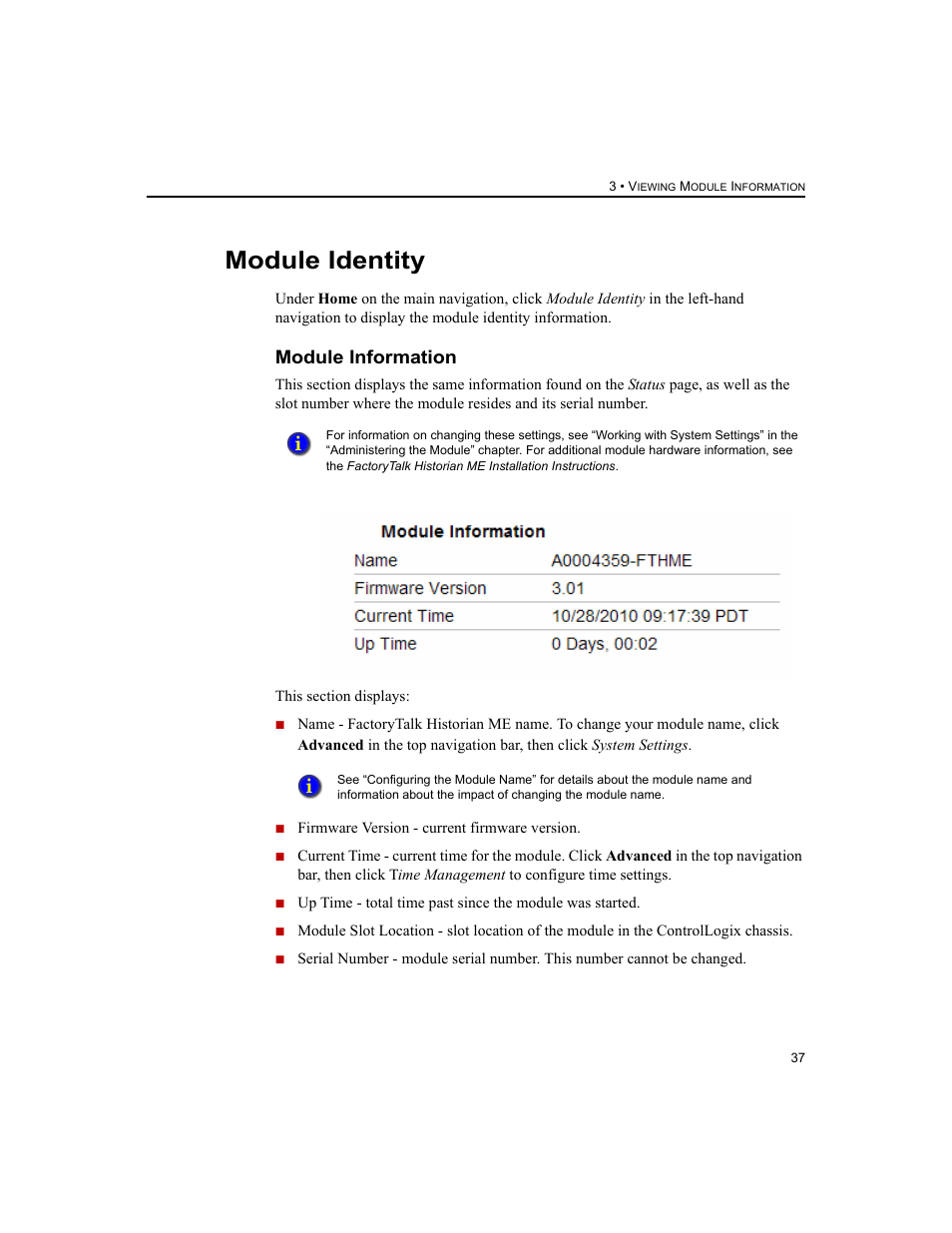 Module identity, Module information | Rockwell Automation 1756-HIST2G FactoryTalk Historian ME 2.2  User Manual | Page 47 / 330