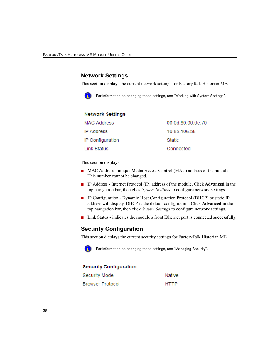 Network settings, Security configuration, Network settings security configuration | Rockwell Automation 1756-HIST2G FactoryTalk Historian ME 2.2  User Manual | Page 48 / 330