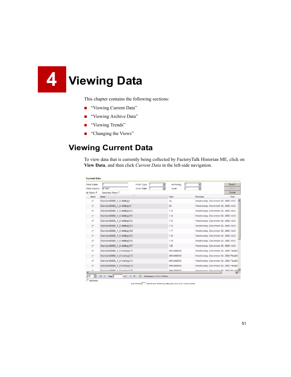Viewing data, Viewing current data, 4 • viewing data | Rockwell Automation 1756-HIST2G FactoryTalk Historian ME 2.2  User Manual | Page 61 / 330
