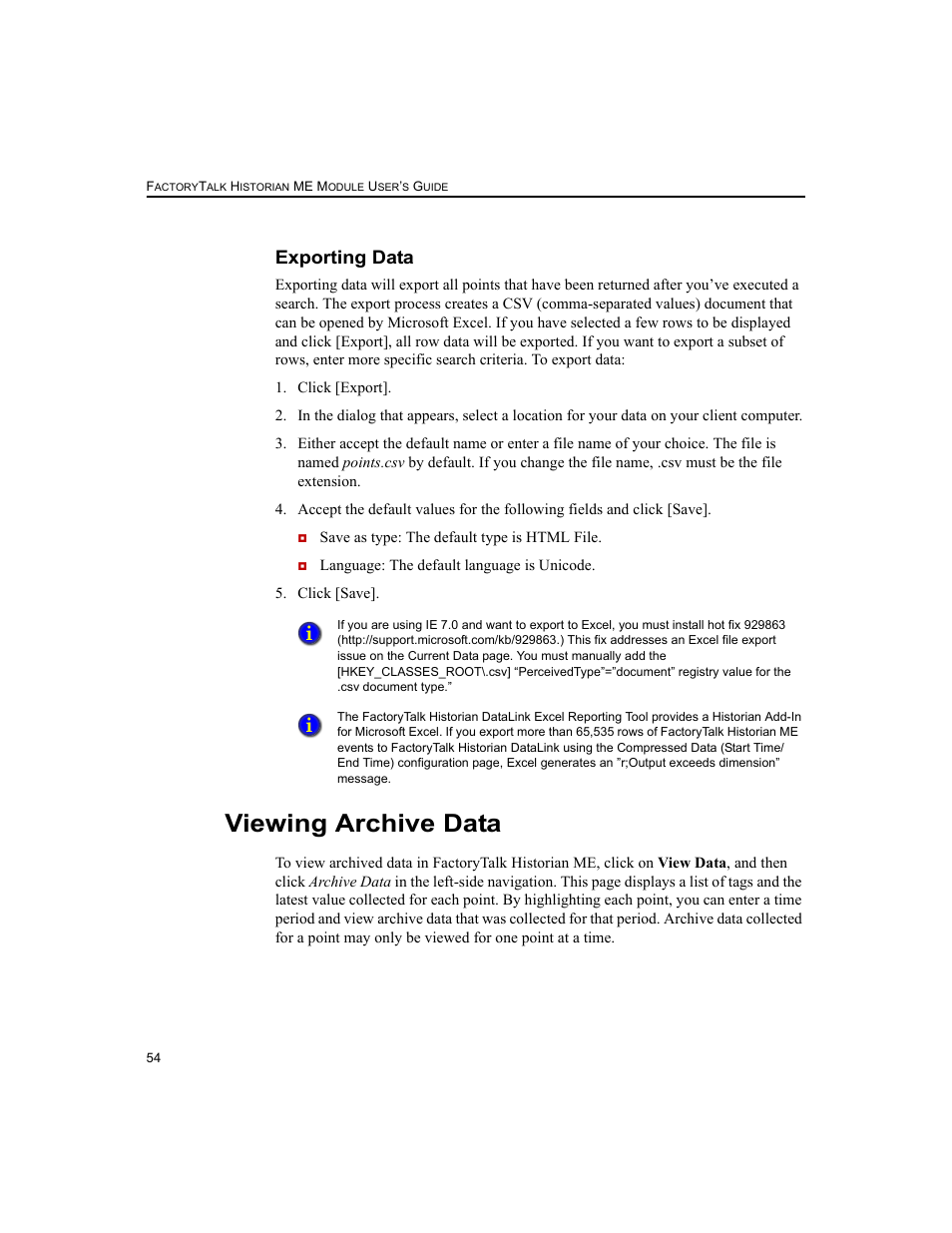 Exporting data, Viewing archive data | Rockwell Automation 1756-HIST2G FactoryTalk Historian ME 2.2  User Manual | Page 64 / 330