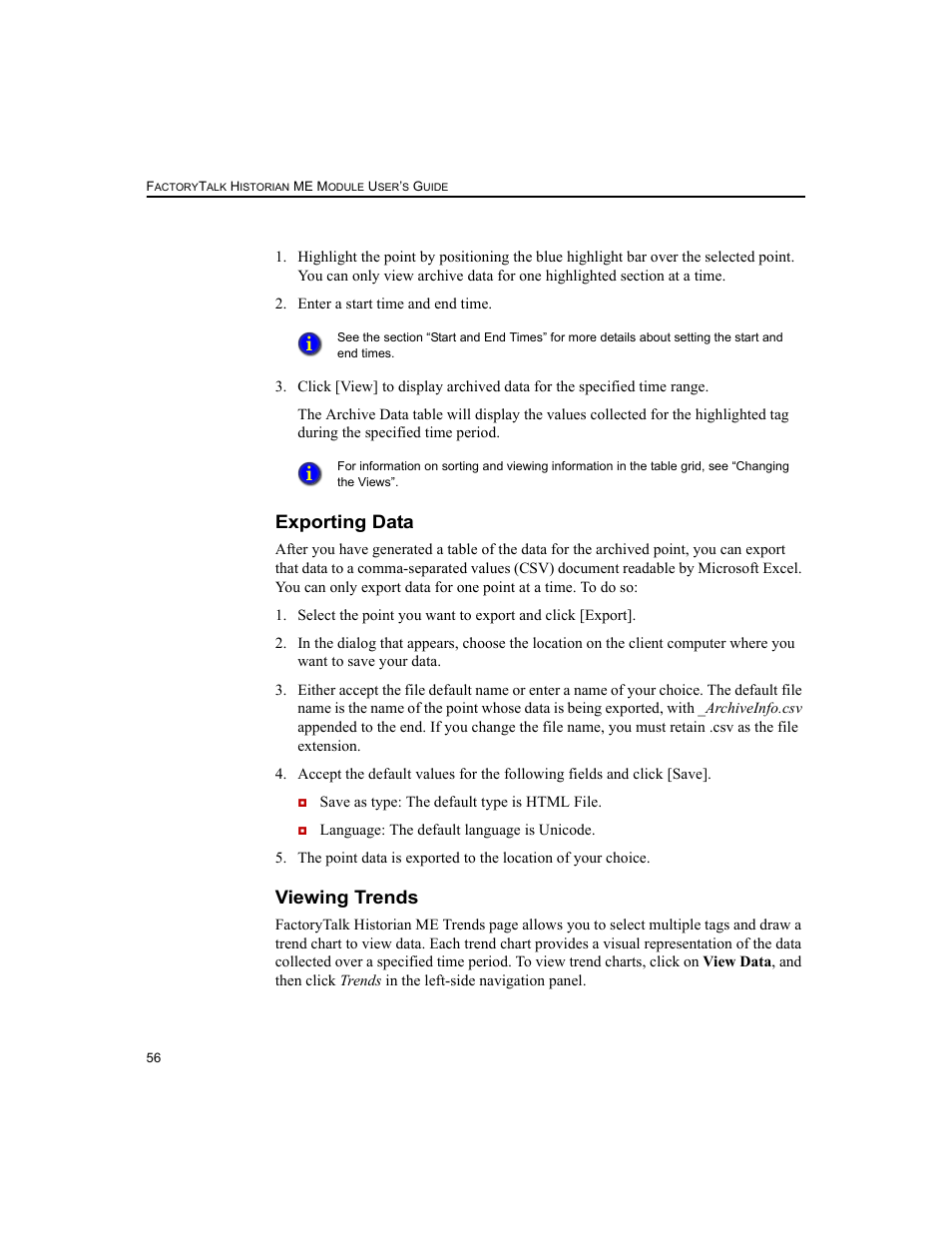 Exporting data, Viewing trends, Exporting data viewing trends | Rockwell Automation 1756-HIST2G FactoryTalk Historian ME 2.2  User Manual | Page 66 / 330