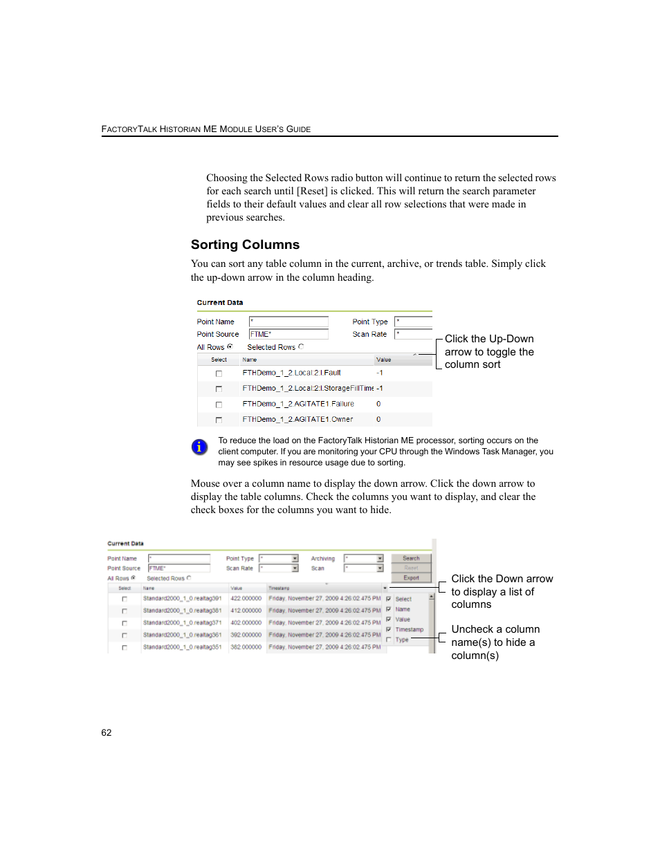 Sorting columns | Rockwell Automation 1756-HIST2G FactoryTalk Historian ME 2.2  User Manual | Page 72 / 330
