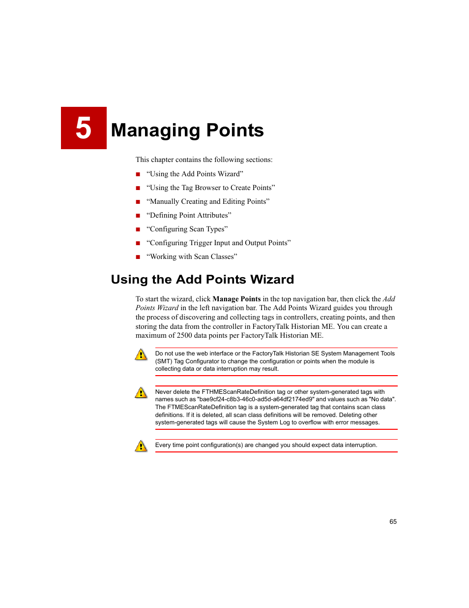 Managing points, Using the add points wizard, 5 • managing points | Rockwell Automation 1756-HIST2G FactoryTalk Historian ME 2.2  User Manual | Page 75 / 330