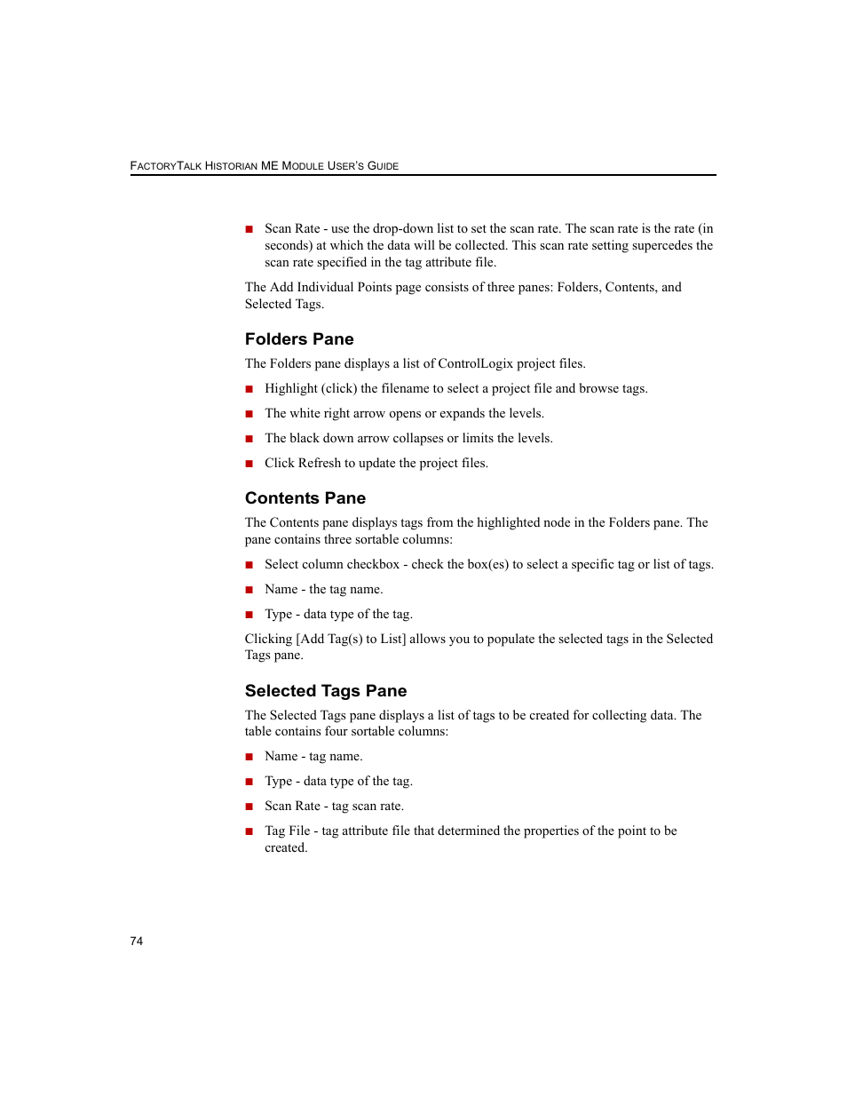 Folders pane, Contents pane, Selected tags pane | Folders pane contents pane selected tags pane | Rockwell Automation 1756-HIST2G FactoryTalk Historian ME 2.2  User Manual | Page 84 / 330