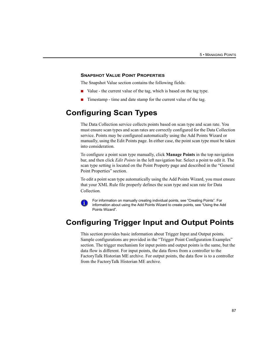 Configuring scan types, Configuring trigger input and output points | Rockwell Automation 1756-HIST2G FactoryTalk Historian ME 2.2  User Manual | Page 97 / 330