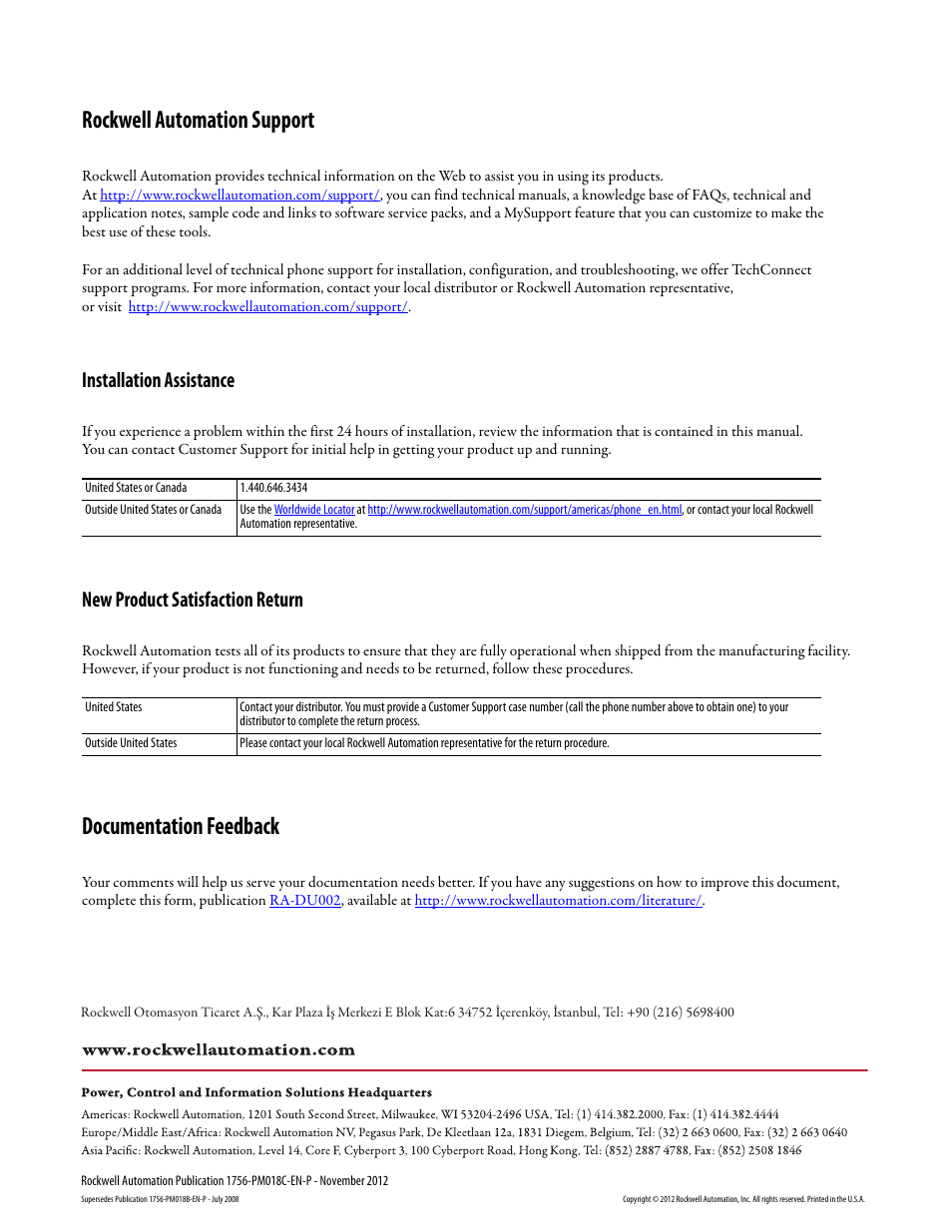 Back cover, Rockwell automation support, Documentation feedback | Installation assistance, New product satisfaction return | Rockwell Automation Logix5000 Controllers IEC 61131-3 Compliance Programming Manual User Manual | Page 22 / 22