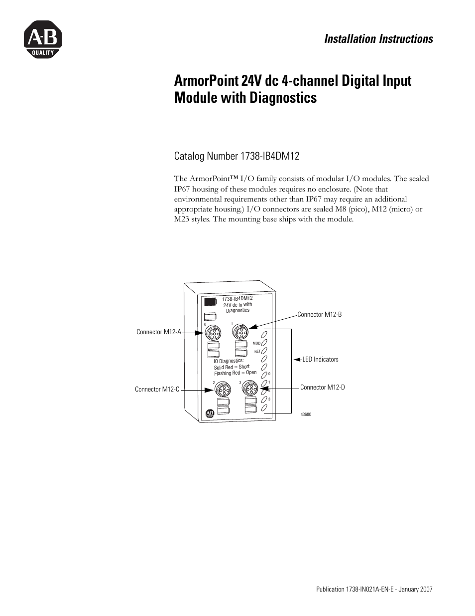 Rockwell Automation 1738-IB4DM12 ArmorPoint 24V dc 4-channel Digital Input Module with Diagnostics I.I. User Manual | 14 pages