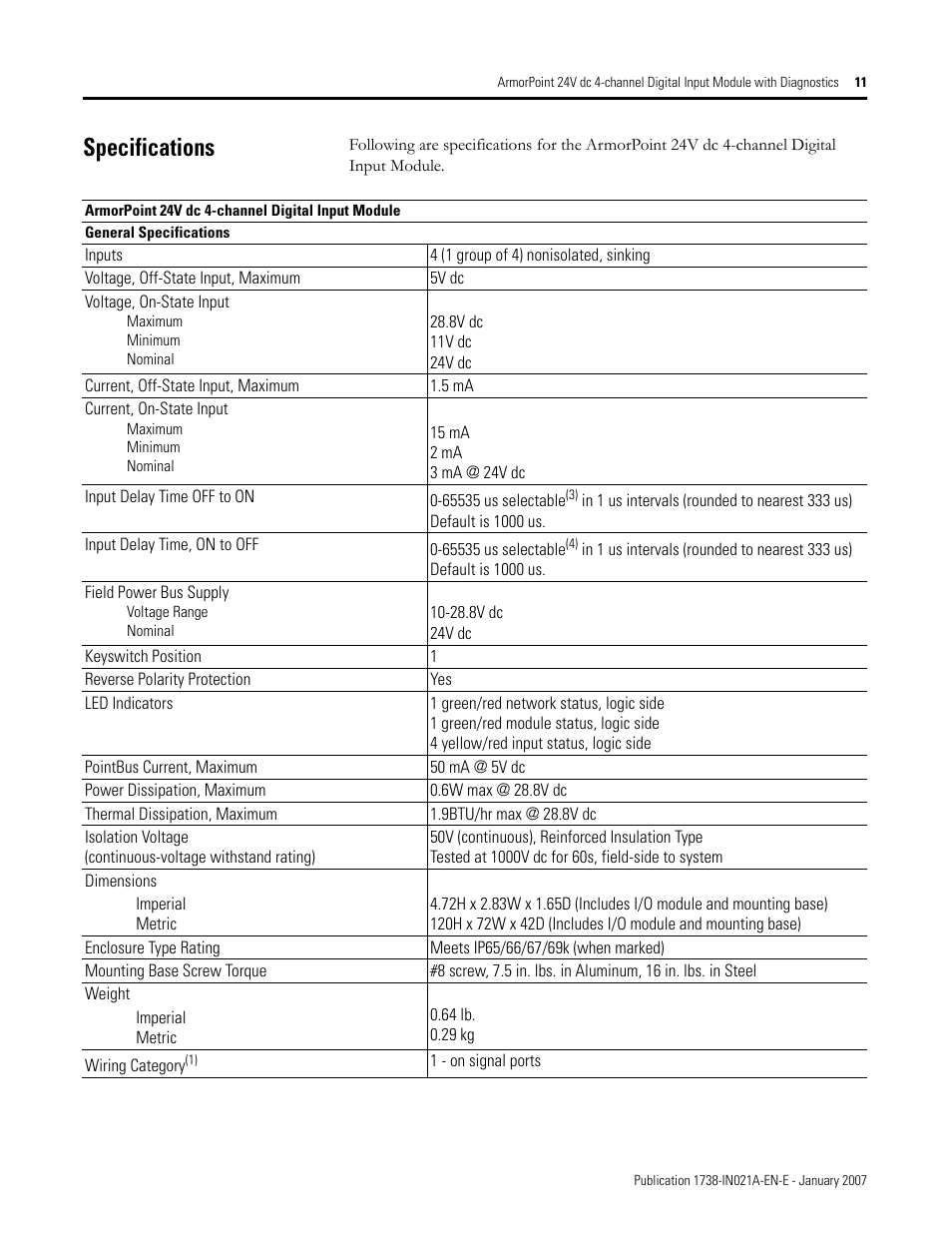 Specifications | Rockwell Automation 1738-IB4DM12 ArmorPoint 24V dc 4-channel Digital Input Module with Diagnostics I.I. User Manual | Page 11 / 14