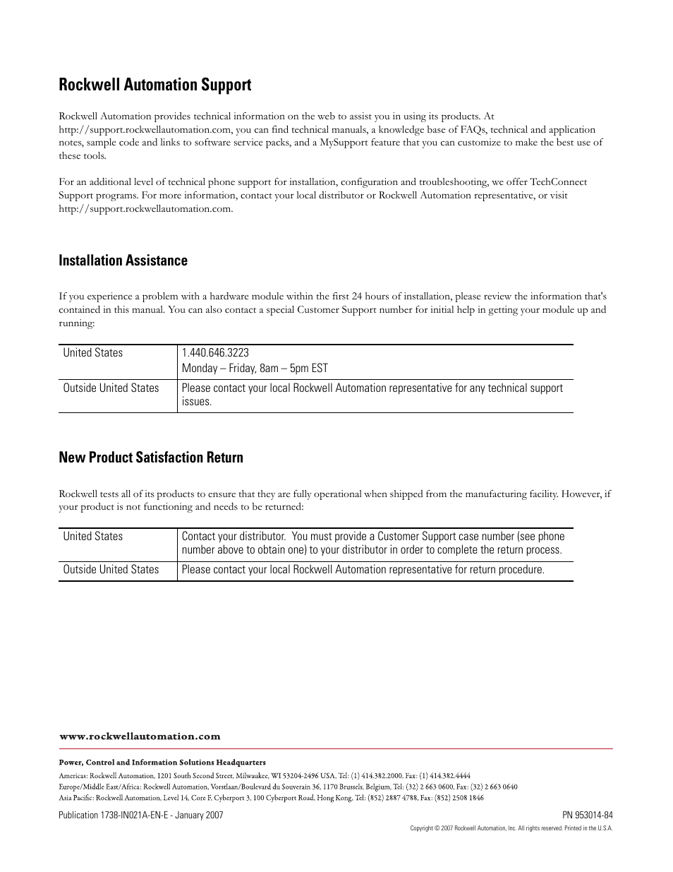 Back cover, Rockwell automation support, Installation assistance | New product satisfaction return | Rockwell Automation 1738-IB4DM12 ArmorPoint 24V dc 4-channel Digital Input Module with Diagnostics I.I. User Manual | Page 14 / 14