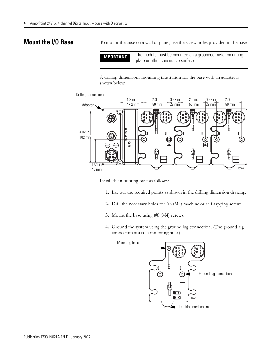 Mount the i/o base | Rockwell Automation 1738-IB4DM12 ArmorPoint 24V dc 4-channel Digital Input Module with Diagnostics I.I. User Manual | Page 4 / 14