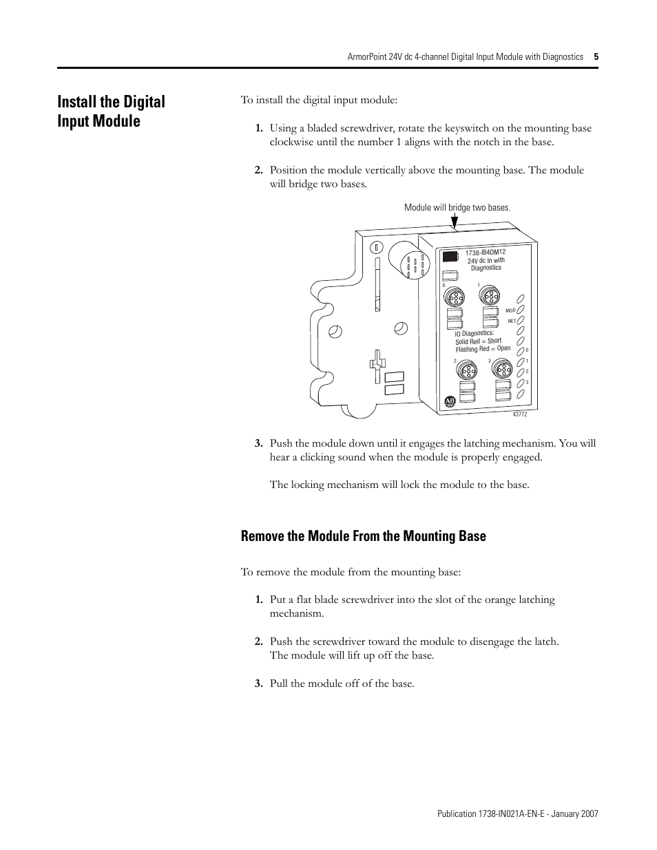 Install the digital input module, Remove the module from the mounting base | Rockwell Automation 1738-IB4DM12 ArmorPoint 24V dc 4-channel Digital Input Module with Diagnostics I.I. User Manual | Page 5 / 14