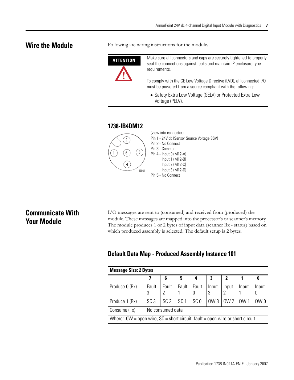 Wire the module, Communicate with your module, Default data map - produced assembly instance 101 | Rockwell Automation 1738-IB4DM12 ArmorPoint 24V dc 4-channel Digital Input Module with Diagnostics I.I. User Manual | Page 7 / 14