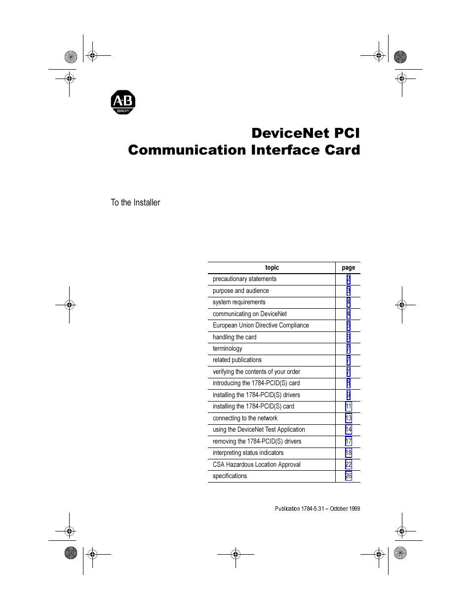 Rockwell Automation 1784-PCIDS DEVICENET PCI COMM User Manual | 28 pages