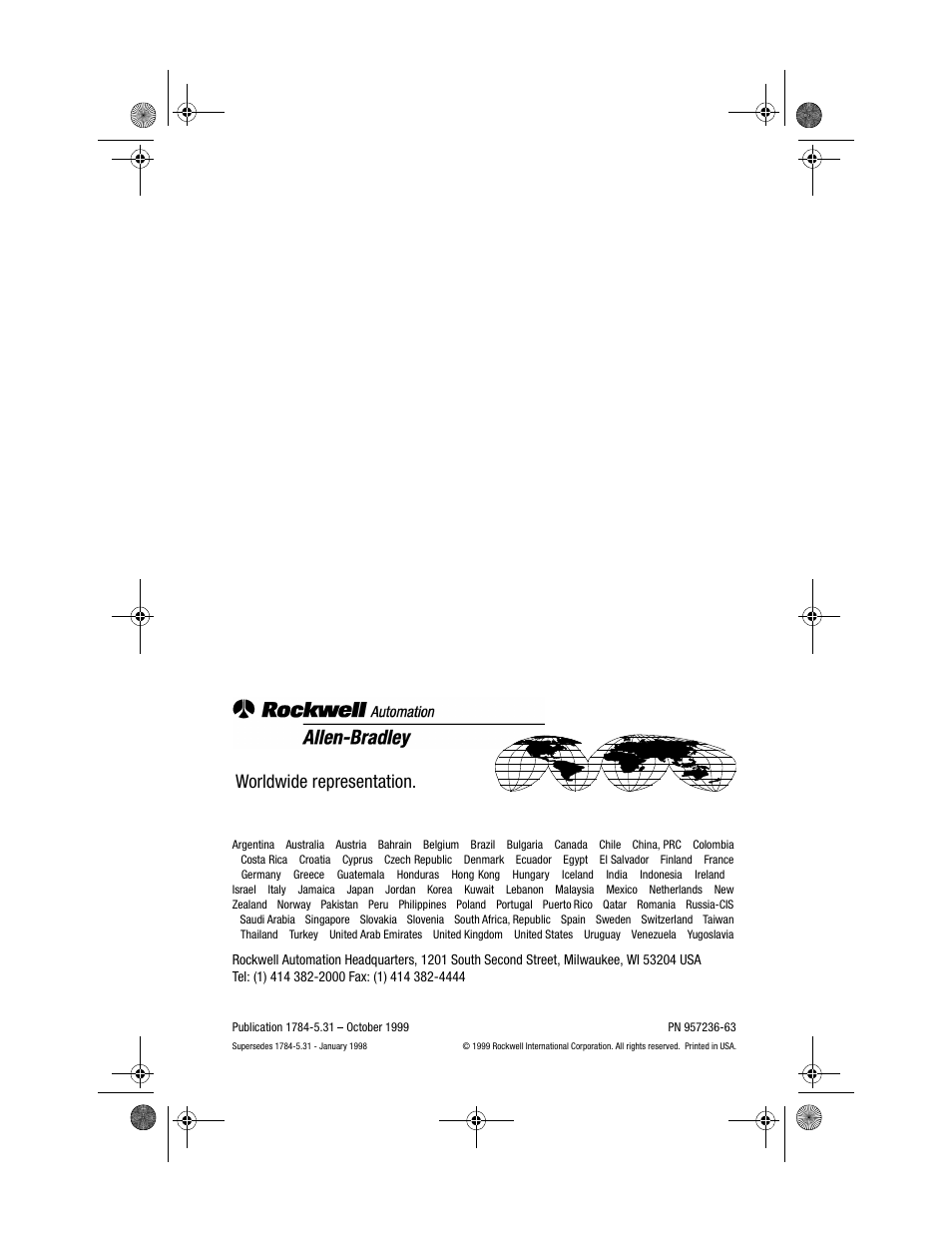 Back cover, Worldwide representation | Rockwell Automation 1784-PCIDS DEVICENET PCI COMM User Manual | Page 28 / 28