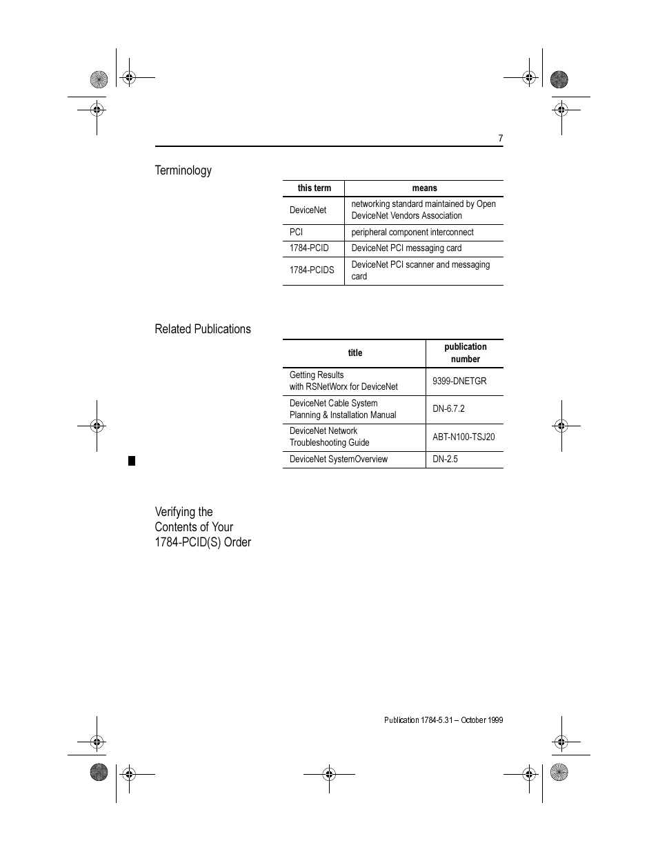 Terminology, Related publications, Verifying the contents of your 1784-pcid(s) order | Rockwell Automation 1784-PCIDS DEVICENET PCI COMM User Manual | Page 7 / 28