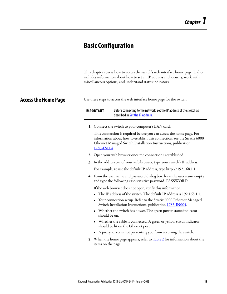 1 - basic configuration, Chapter 1, Basic configuration | Chapter, Access the home page | Rockwell Automation 1783-EMS08T Stratix 6000 Ethernet Managed Switch User Manual User Manual | Page 13 / 94