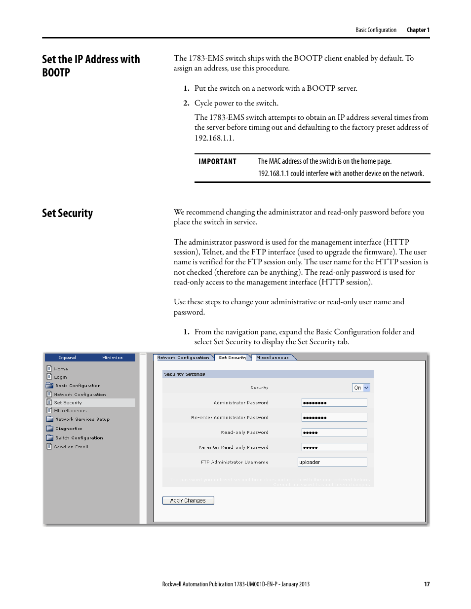 Set the ip address with bootp, Set security, Set the ip address with bootp set security | Rockwell Automation 1783-EMS08T Stratix 6000 Ethernet Managed Switch User Manual User Manual | Page 17 / 94