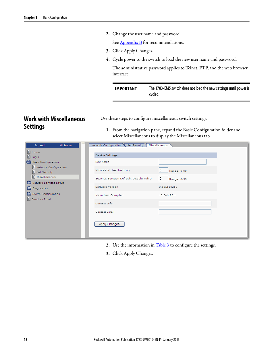 Work with miscellaneous settings, As described on | Rockwell Automation 1783-EMS08T Stratix 6000 Ethernet Managed Switch User Manual User Manual | Page 18 / 94