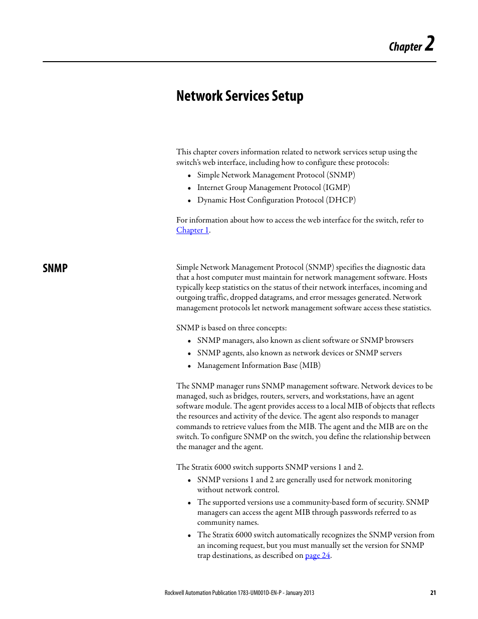 2 - network services setup, Snmp, Chapter 2 | Network services setup, Chapter | Rockwell Automation 1783-EMS08T Stratix 6000 Ethernet Managed Switch User Manual User Manual | Page 21 / 94