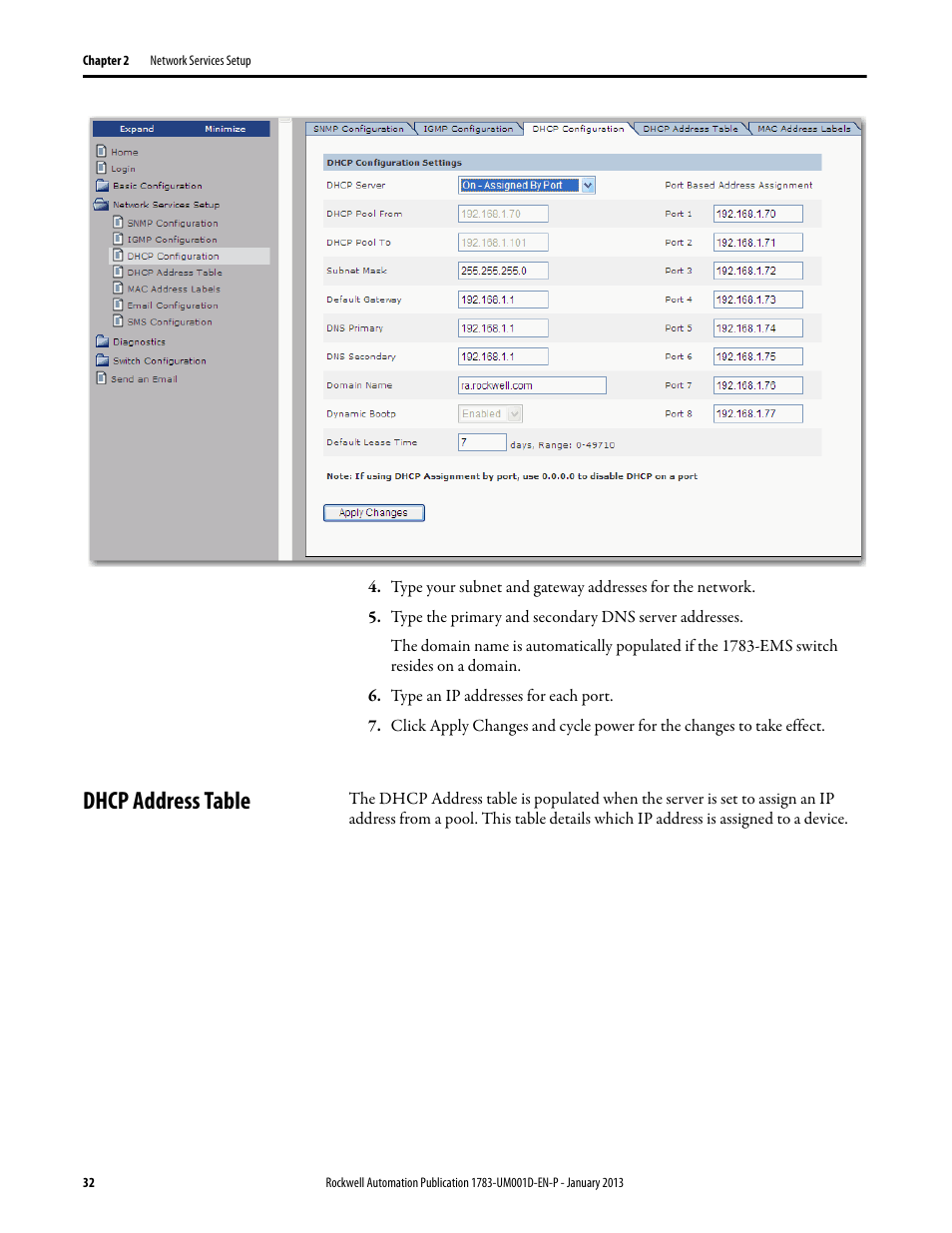 Dhcp address table | Rockwell Automation 1783-EMS08T Stratix 6000 Ethernet Managed Switch User Manual User Manual | Page 32 / 94