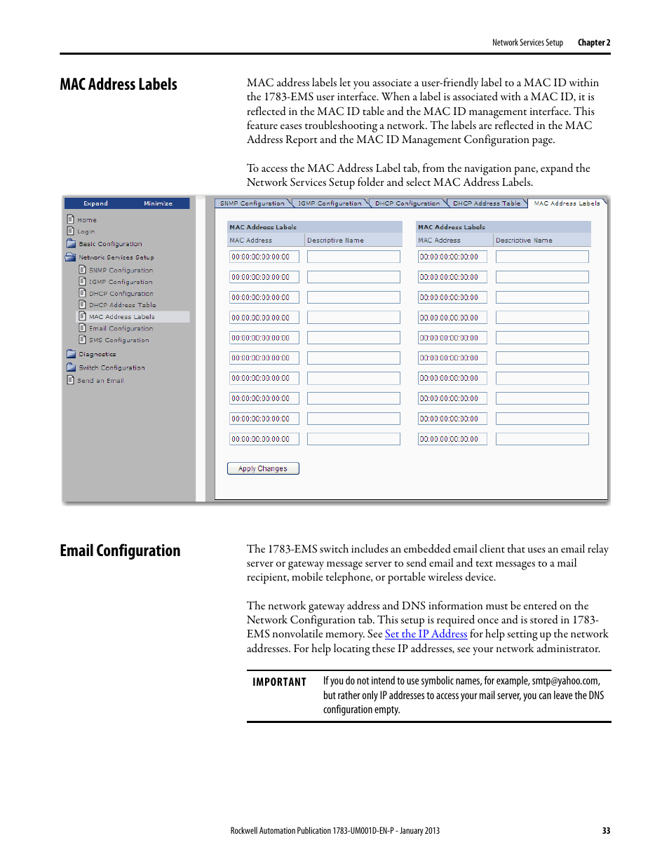 Mac address labels, Email configuration, Mac address labels email configuration | Rockwell Automation 1783-EMS08T Stratix 6000 Ethernet Managed Switch User Manual User Manual | Page 33 / 94