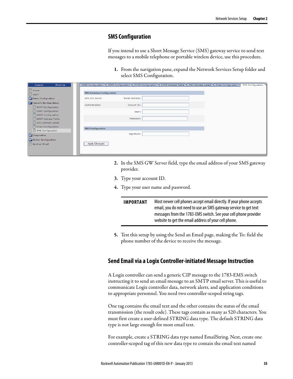 Sms configuration | Rockwell Automation 1783-EMS08T Stratix 6000 Ethernet Managed Switch User Manual User Manual | Page 35 / 94