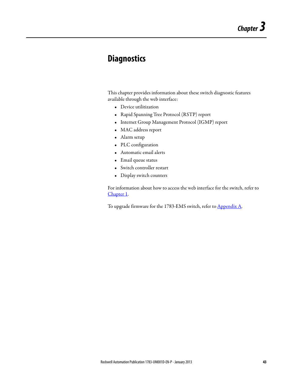 3 - diagnostics, Chapter 3, Diagnostics | Chapter | Rockwell Automation 1783-EMS08T Stratix 6000 Ethernet Managed Switch User Manual User Manual | Page 43 / 94