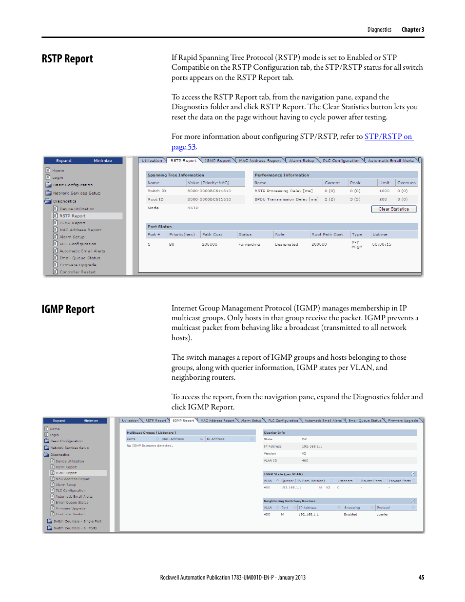 Rstp report, Igmp report, Rstp report igmp report | Rockwell Automation 1783-EMS08T Stratix 6000 Ethernet Managed Switch User Manual User Manual | Page 45 / 94