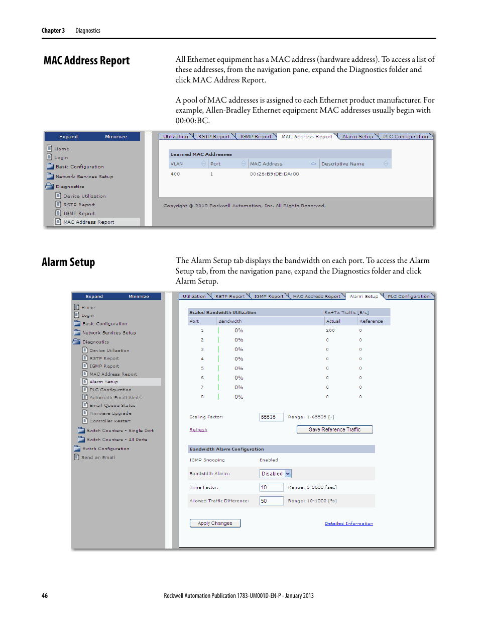 Mac address report, Alarm setup, Mac address report alarm setup | Rockwell Automation 1783-EMS08T Stratix 6000 Ethernet Managed Switch User Manual User Manual | Page 46 / 94