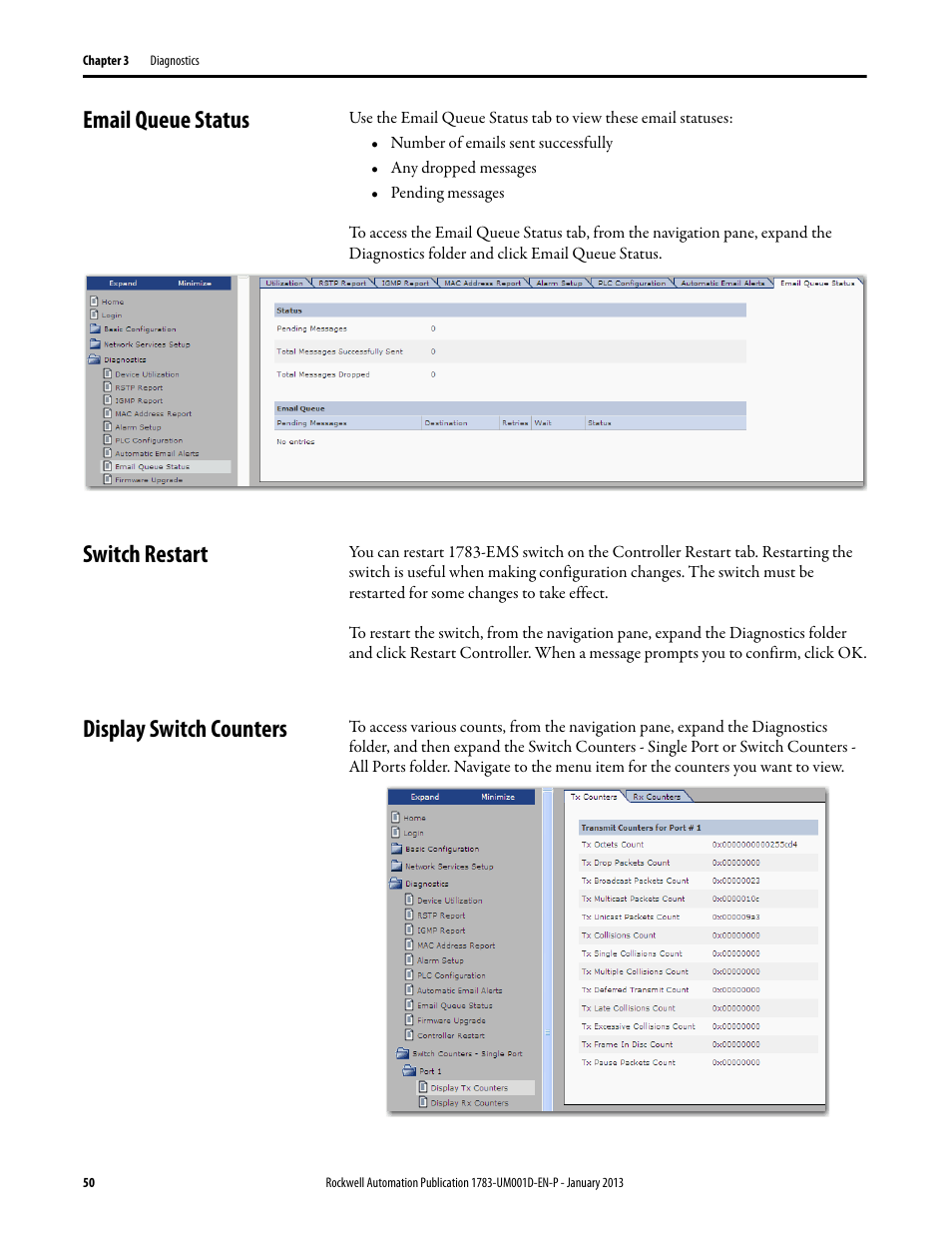 Email queue status, Switch restart, Display switch counters | Rockwell Automation 1783-EMS08T Stratix 6000 Ethernet Managed Switch User Manual User Manual | Page 50 / 94