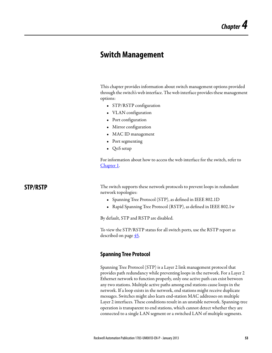 4 - switch management, Stp/rstp, Spanning tree protocol | Chapter 4, Switch management, Chapter | Rockwell Automation 1783-EMS08T Stratix 6000 Ethernet Managed Switch User Manual User Manual | Page 53 / 94
