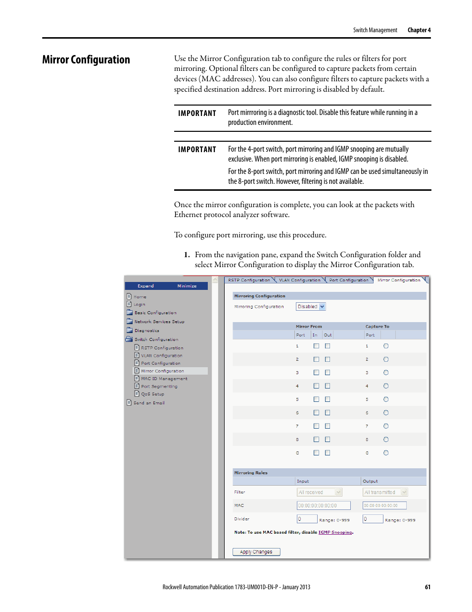 Mirror configuration | Rockwell Automation 1783-EMS08T Stratix 6000 Ethernet Managed Switch User Manual User Manual | Page 61 / 94