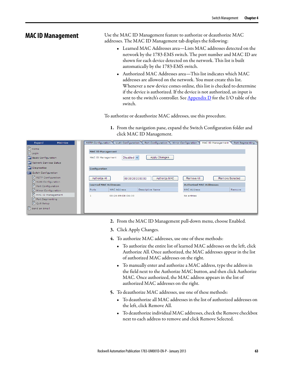 Mac id management | Rockwell Automation 1783-EMS08T Stratix 6000 Ethernet Managed Switch User Manual User Manual | Page 63 / 94