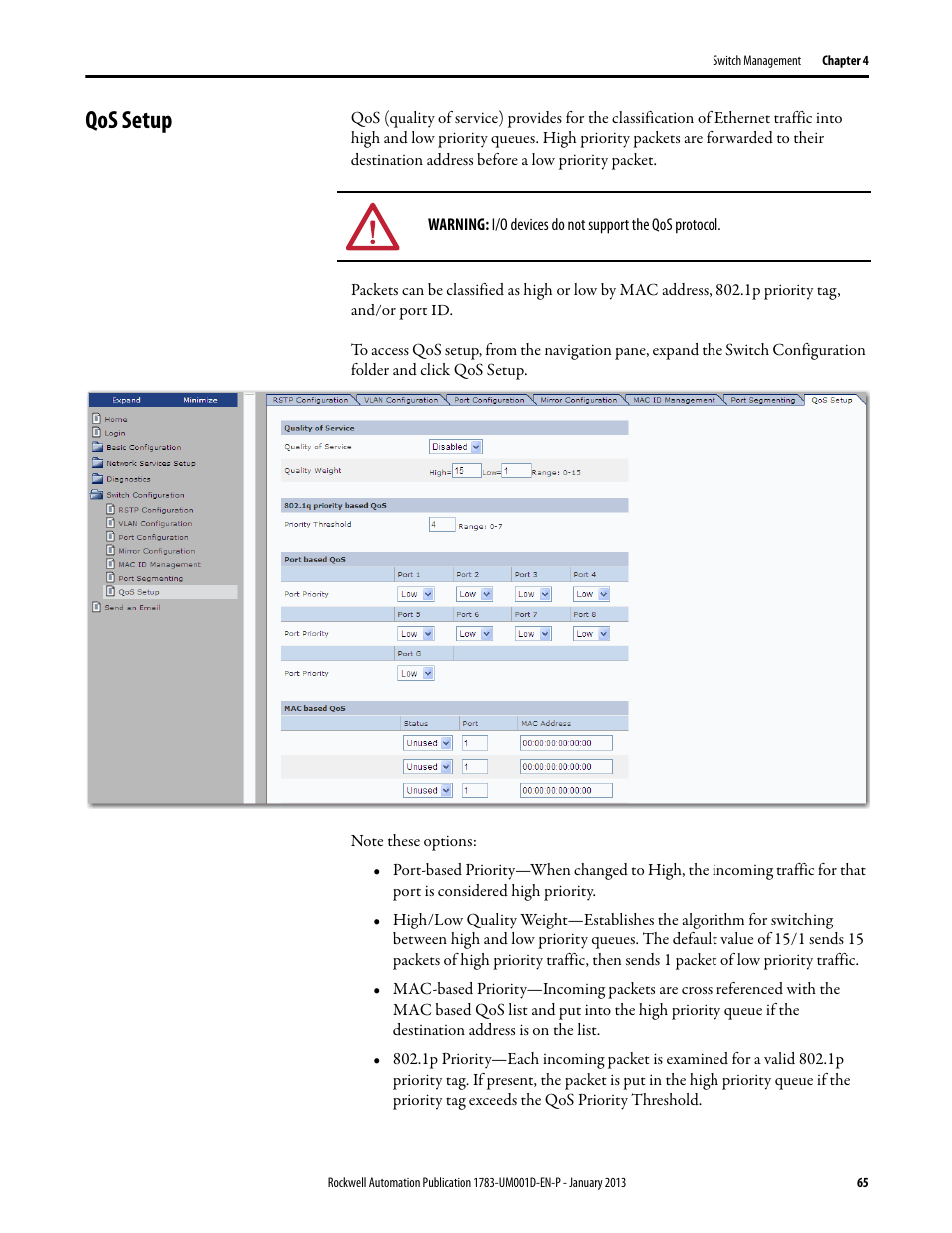 Qos setup | Rockwell Automation 1783-EMS08T Stratix 6000 Ethernet Managed Switch User Manual User Manual | Page 65 / 94
