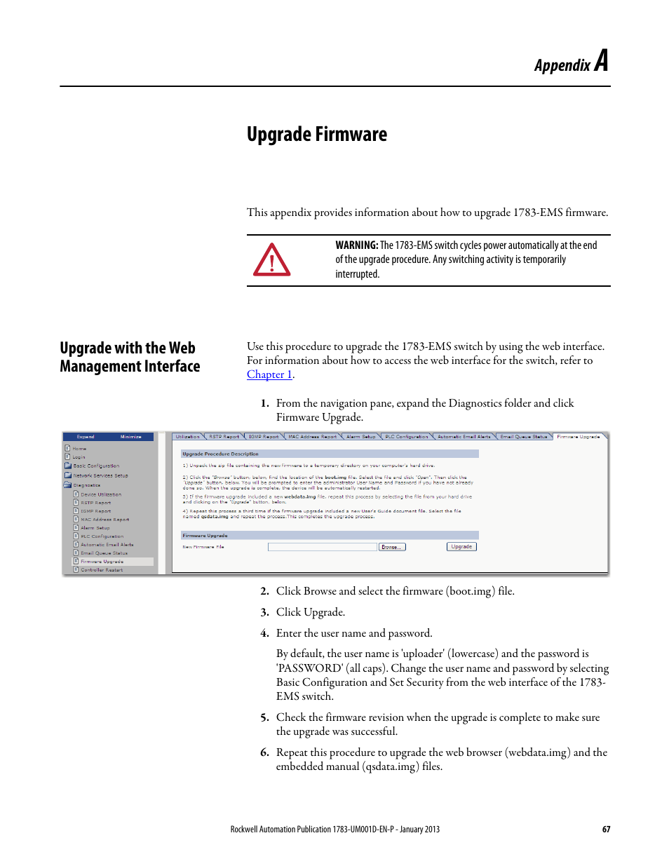 A - upgrade firmware, Upgrade with the web management interface, Appendix a | Upgrade firmware, Appendix | Rockwell Automation 1783-EMS08T Stratix 6000 Ethernet Managed Switch User Manual User Manual | Page 67 / 94