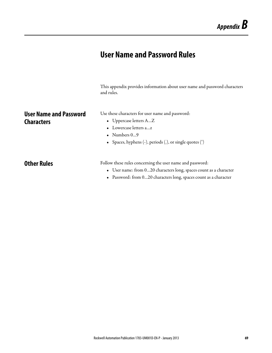 B - user name and password rules, User name and password characters, Other rules | Appendix b, User name and password rules, User name and password characters other rules | Rockwell Automation 1783-EMS08T Stratix 6000 Ethernet Managed Switch User Manual User Manual | Page 69 / 94