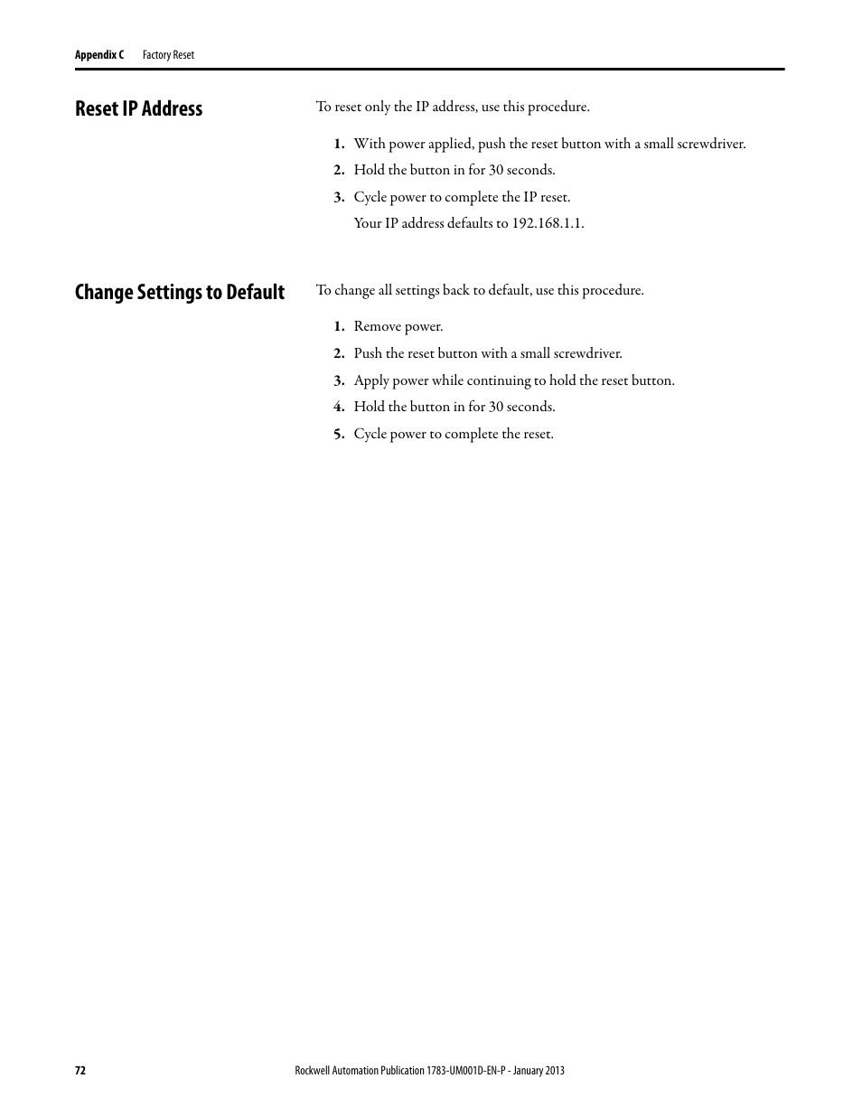 Reset ip address, Change settings to default, Reset ip address change settings to default | Rockwell Automation 1783-EMS08T Stratix 6000 Ethernet Managed Switch User Manual User Manual | Page 72 / 94