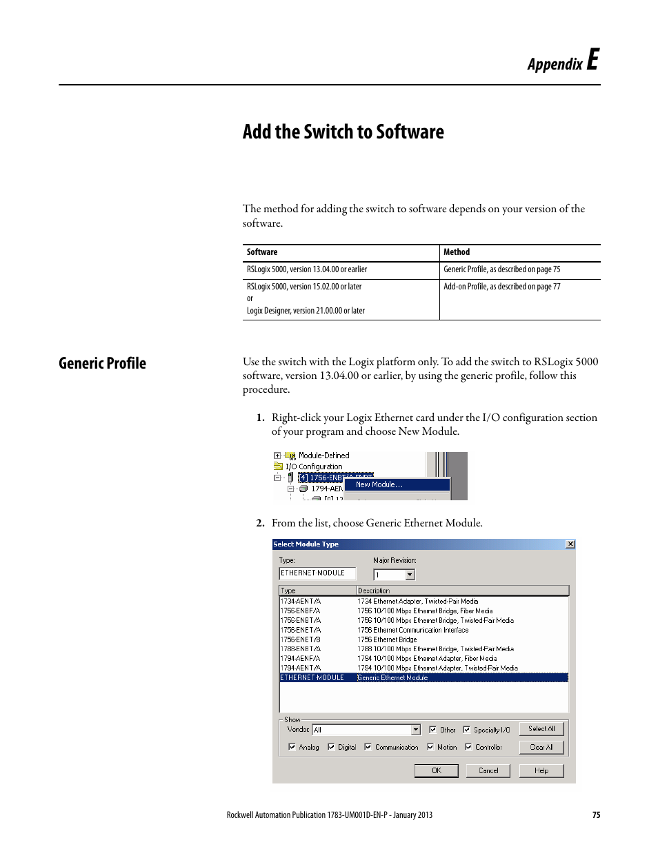 E - add the switch to software, Generic profile, Appendix e | Add the switch to software, Appendix | Rockwell Automation 1783-EMS08T Stratix 6000 Ethernet Managed Switch User Manual User Manual | Page 75 / 94
