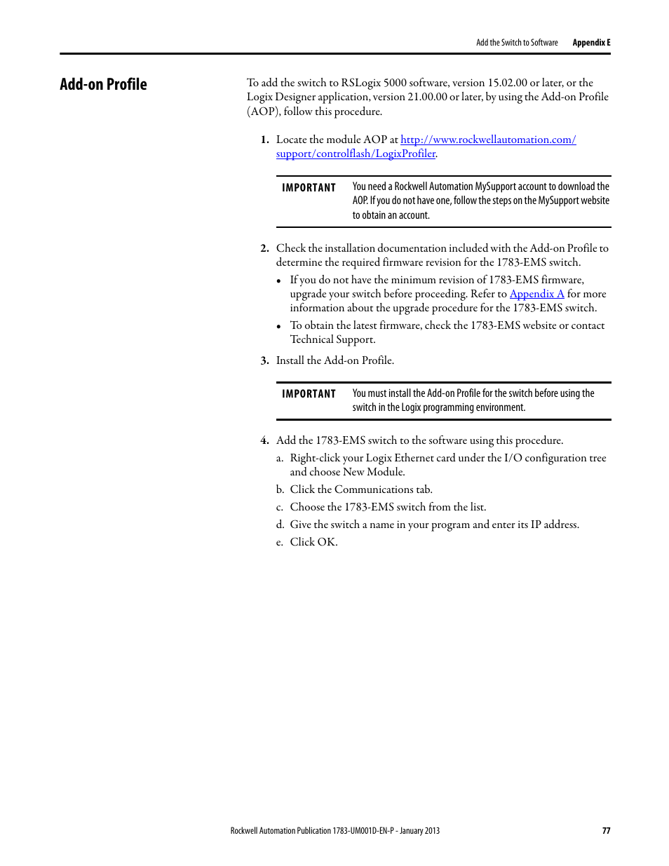 Add-on profile | Rockwell Automation 1783-EMS08T Stratix 6000 Ethernet Managed Switch User Manual User Manual | Page 77 / 94