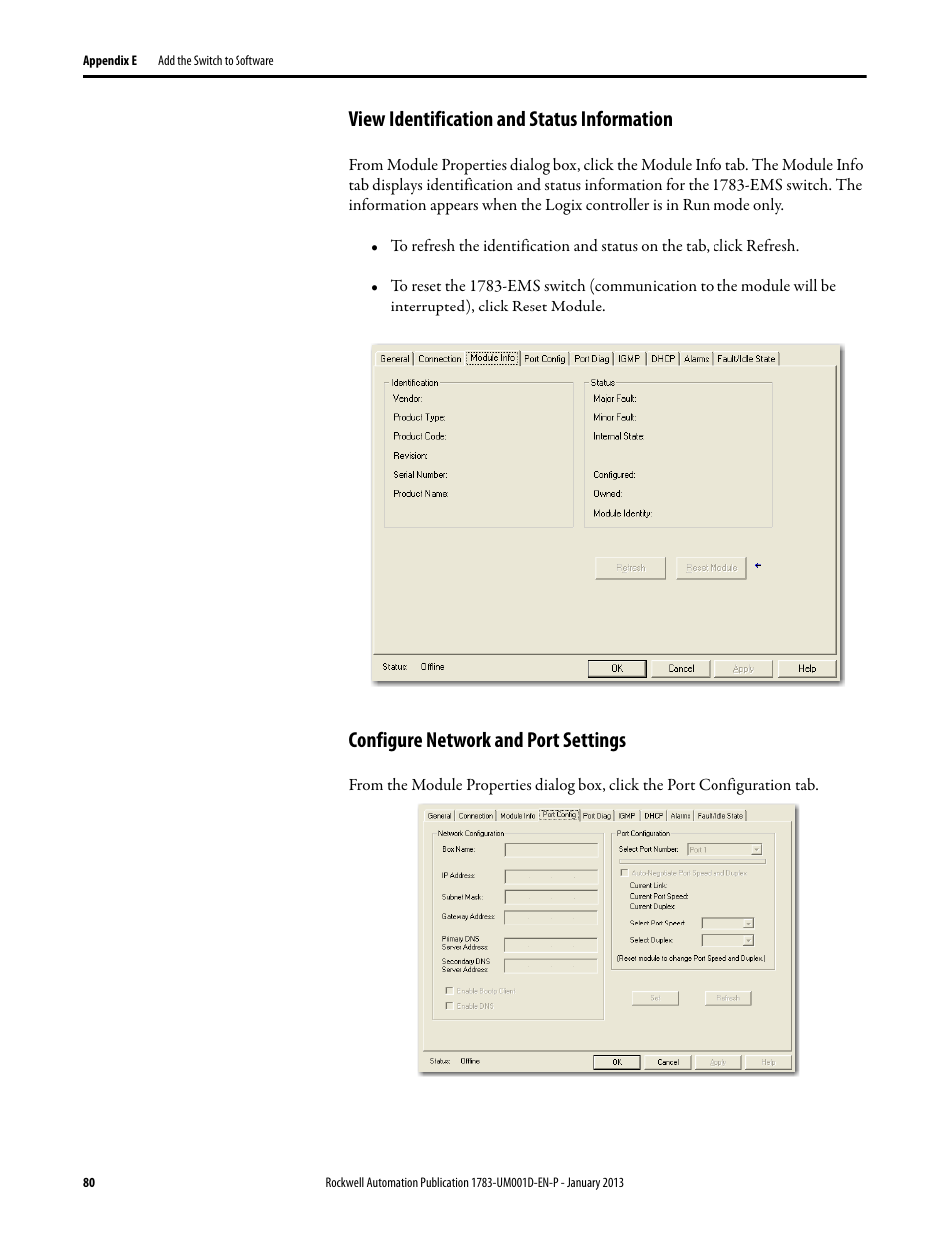 View identification and status information, Configure network and port settings | Rockwell Automation 1783-EMS08T Stratix 6000 Ethernet Managed Switch User Manual User Manual | Page 80 / 94