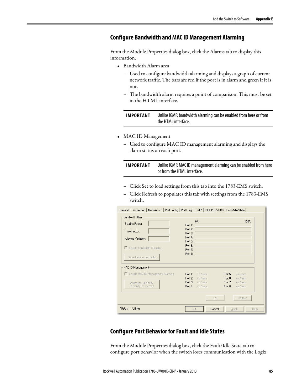 Configure bandwidth and mac id management alarming, Configure port behavior for fault and idle states | Rockwell Automation 1783-EMS08T Stratix 6000 Ethernet Managed Switch User Manual User Manual | Page 85 / 94