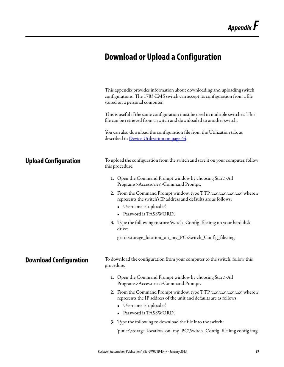 F - download or upload a configuration, Upload configuration, Download configuration | Appendix f, Download or upload a configuration, Upload configuration download configuration, Appendix | Rockwell Automation 1783-EMS08T Stratix 6000 Ethernet Managed Switch User Manual User Manual | Page 87 / 94