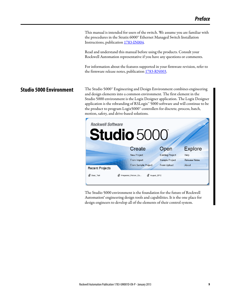 Preface, Studio 5000 environment | Rockwell Automation 1783-EMS08T Stratix 6000 Ethernet Managed Switch User Manual User Manual | Page 9 / 94