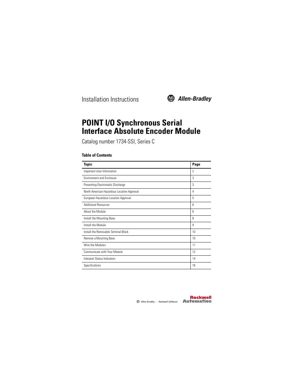 Rockwell Automation 1734-SSI POINT I/O Synchronous Serial Interface Encoder Module Installation Instructions User Manual | 20 pages