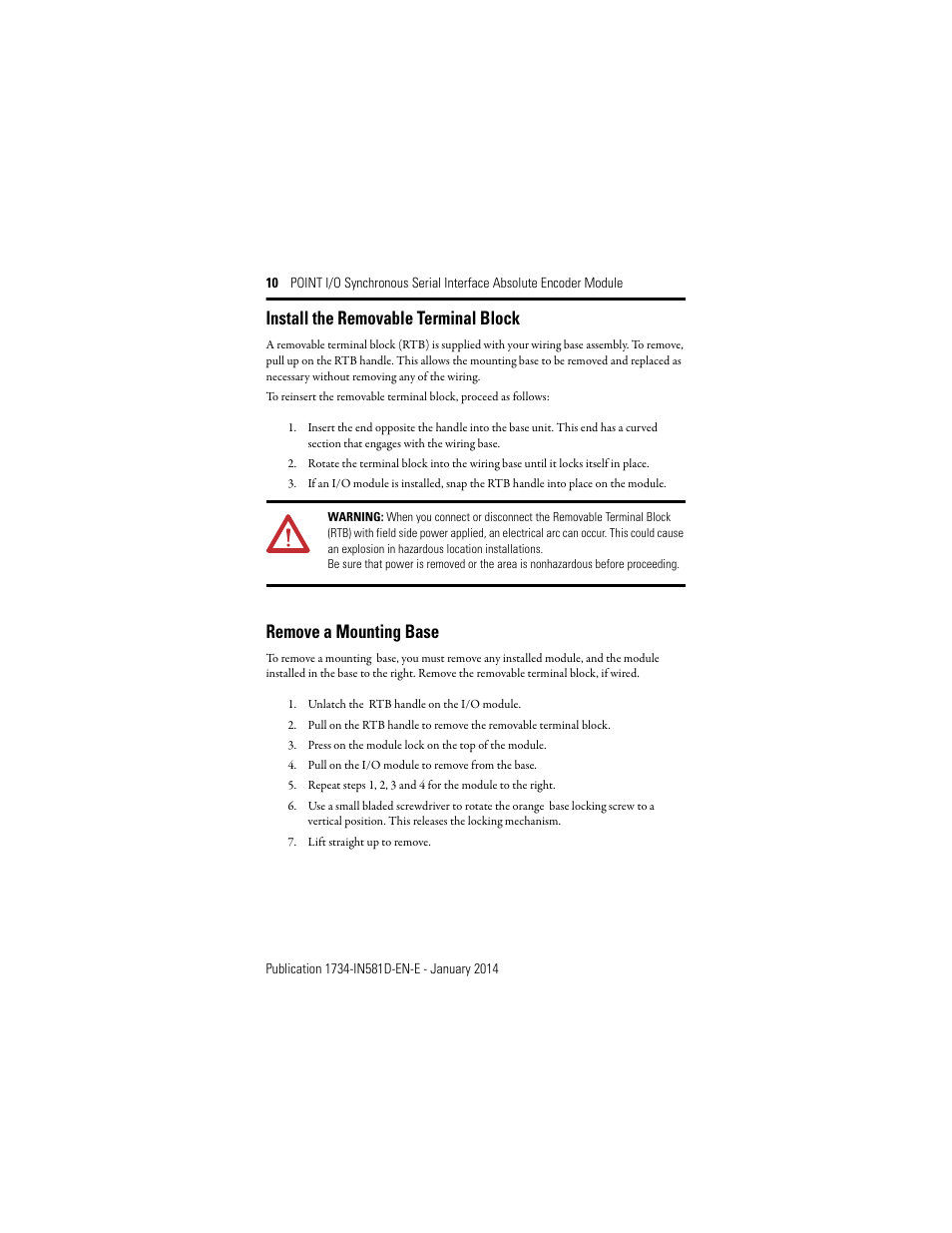 Install the removable terminal block, Remove a mounting base | Rockwell Automation 1734-SSI POINT I/O Synchronous Serial Interface Encoder Module Installation Instructions User Manual | Page 10 / 20