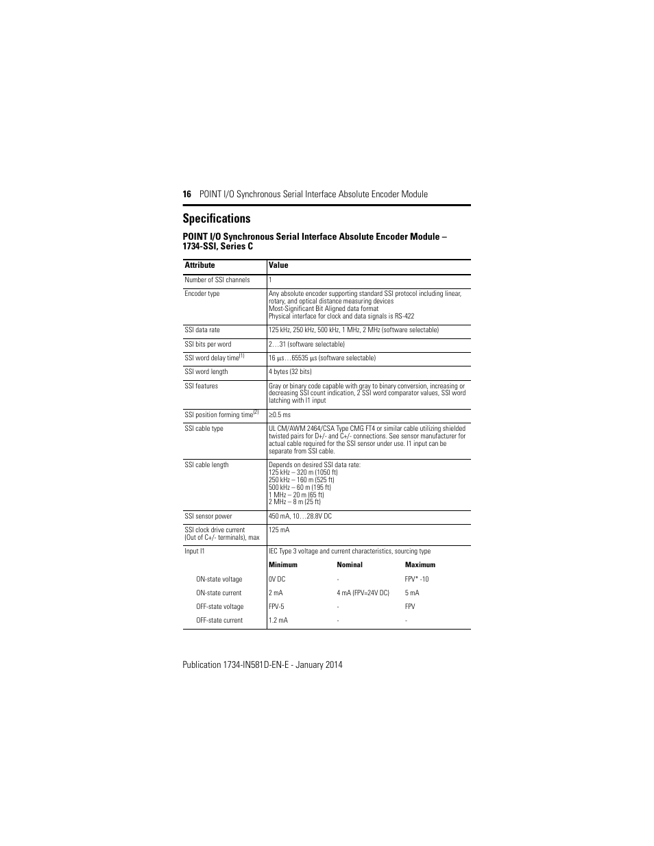 Specifications | Rockwell Automation 1734-SSI POINT I/O Synchronous Serial Interface Encoder Module Installation Instructions User Manual | Page 16 / 20