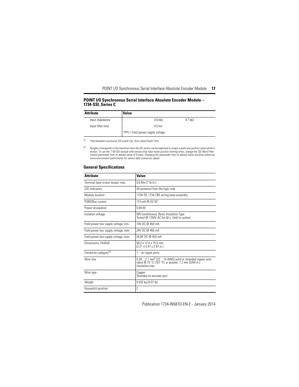 General specifications | Rockwell Automation 1734-SSI POINT I/O Synchronous Serial Interface Encoder Module Installation Instructions User Manual | Page 17 / 20