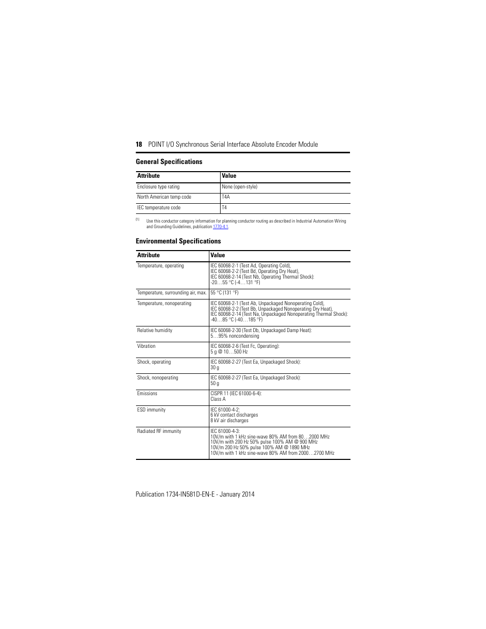 Environmental specifications, General specifications | Rockwell Automation 1734-SSI POINT I/O Synchronous Serial Interface Encoder Module Installation Instructions User Manual | Page 18 / 20