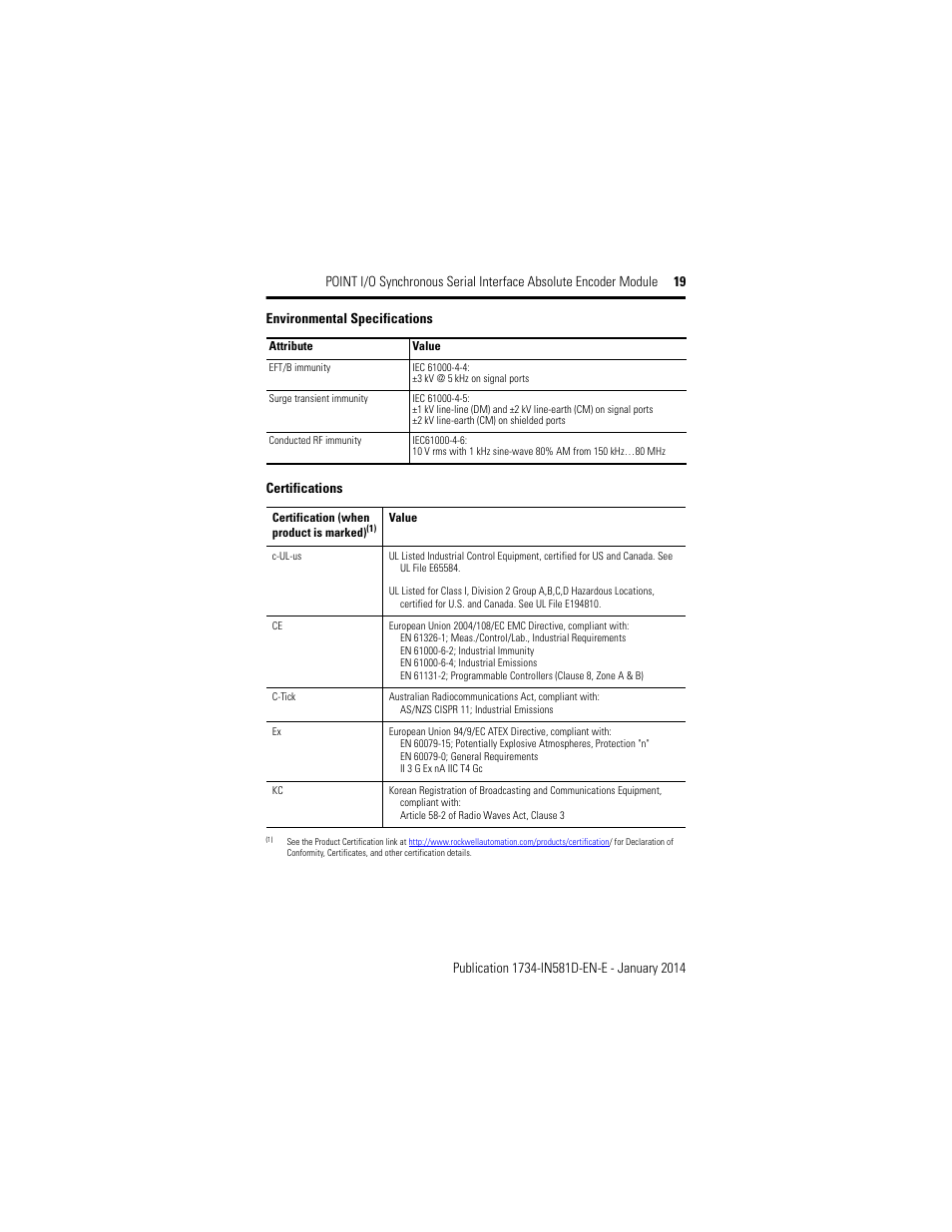 Certifications, Environmental specifications | Rockwell Automation 1734-SSI POINT I/O Synchronous Serial Interface Encoder Module Installation Instructions User Manual | Page 19 / 20