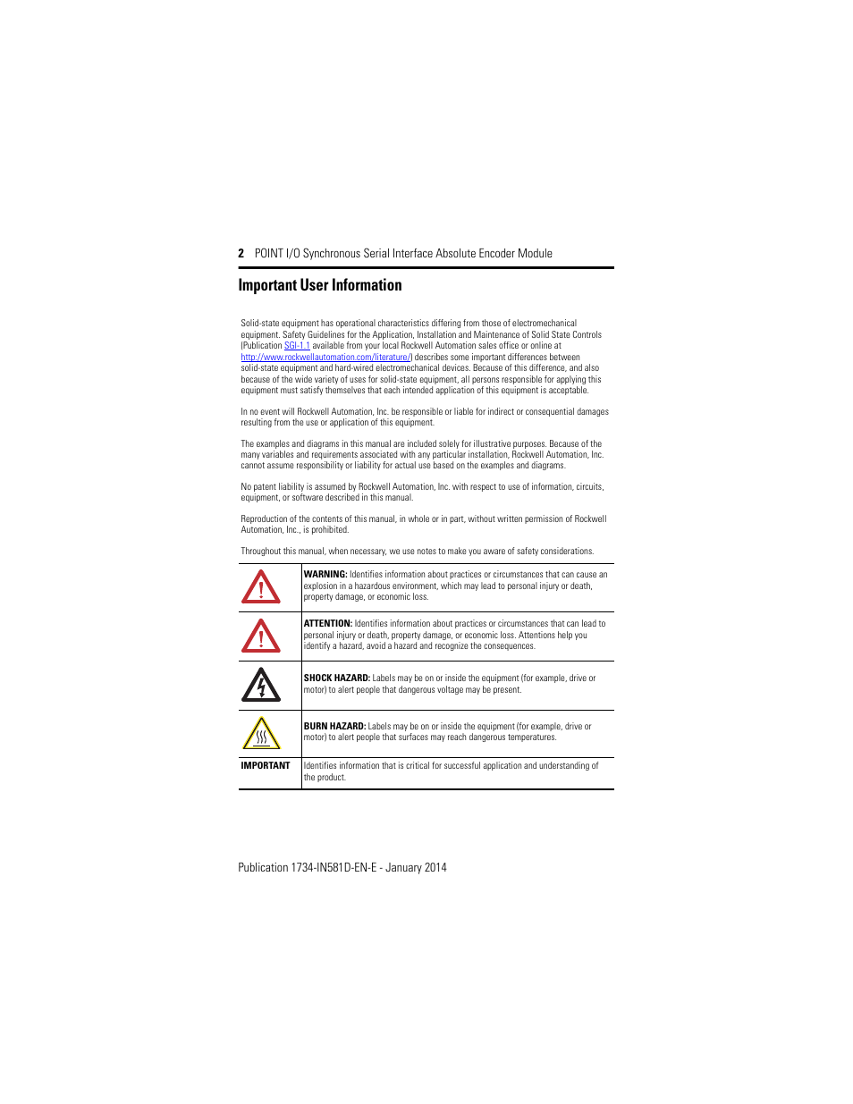 Important user information | Rockwell Automation 1734-SSI POINT I/O Synchronous Serial Interface Encoder Module Installation Instructions User Manual | Page 2 / 20